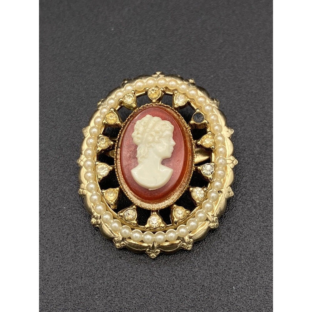 Vintage Coro Cameo Brooch Gold Tone with Faux Pearls and Rhinestones - Signed